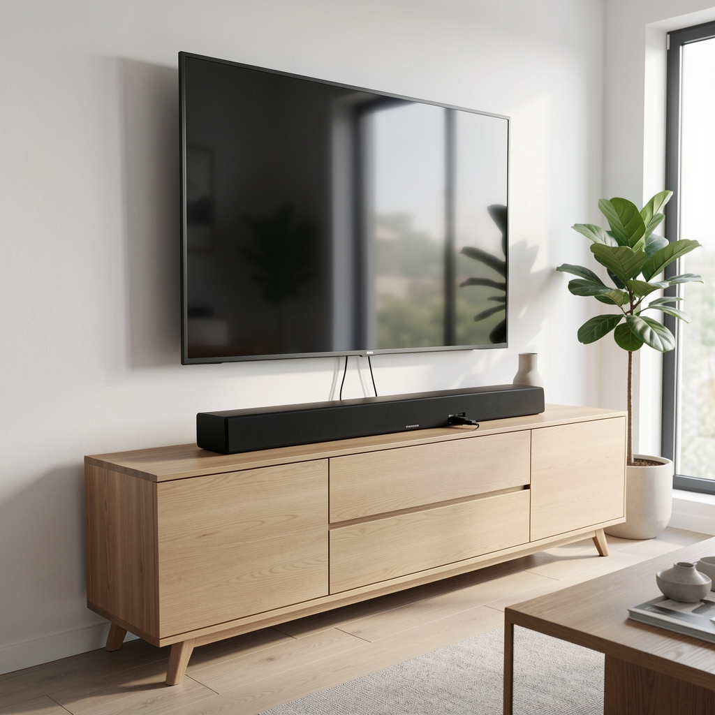 TV altına monte edilmiş soundbar sistemi ve HDMI ARC bağlantısı kurulum fotoğrafı