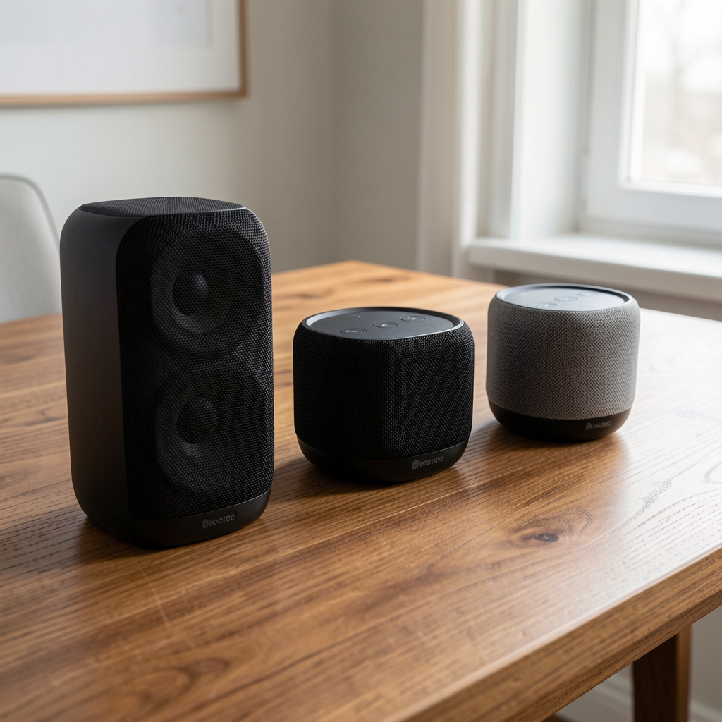 Farklı büyüklüklerde Bluetooth hoparlörler ahşap masa üzerinde teknik karşılaştırma düzeninde