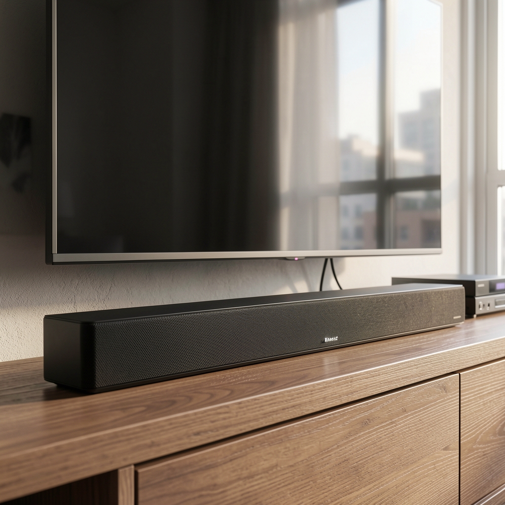TV altında yerleştirilmiş modern soundbar ses sistemi