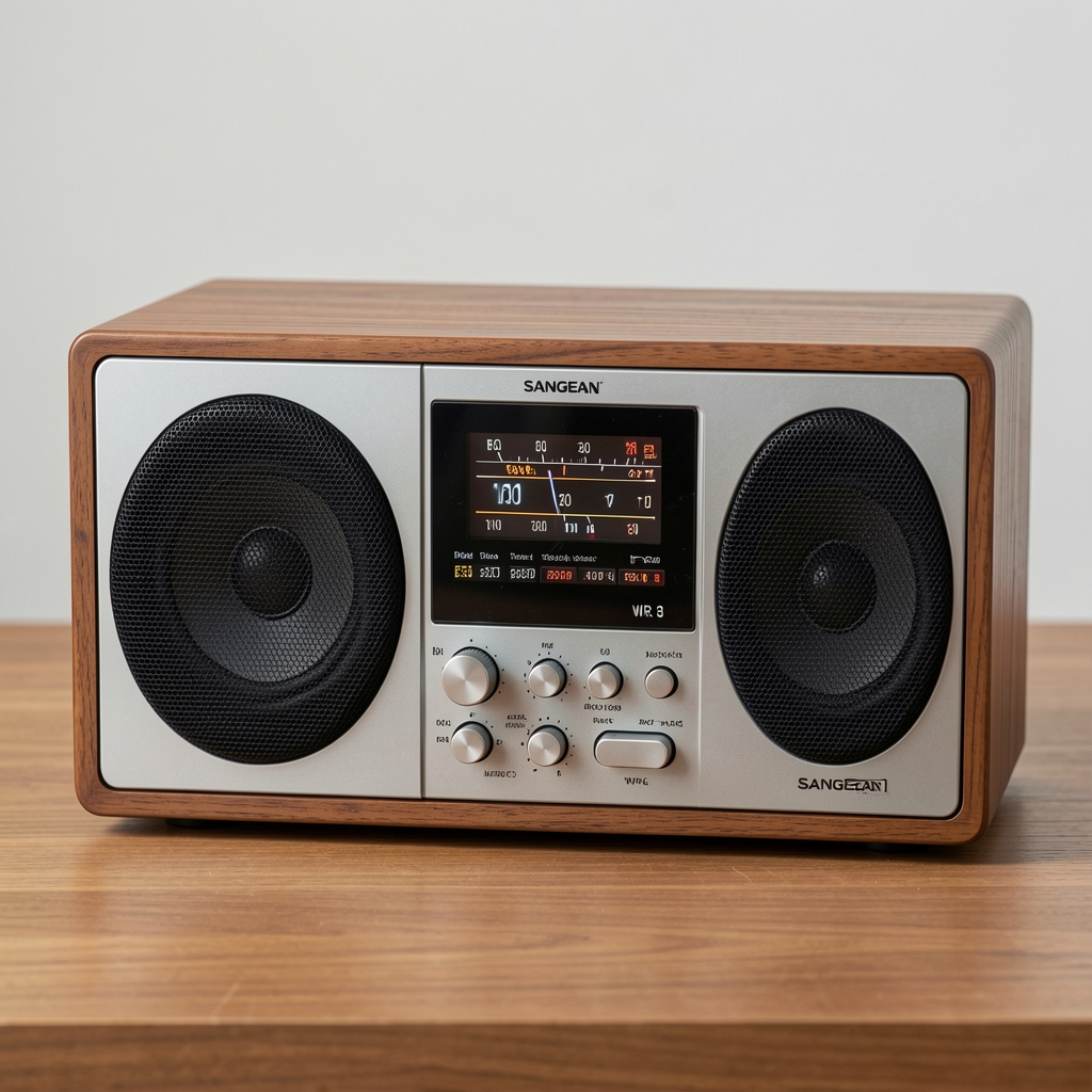 Sangean WR-8 ahşap kaplı FM stereo masaüstü radyo hoparlör ve ön kontroller