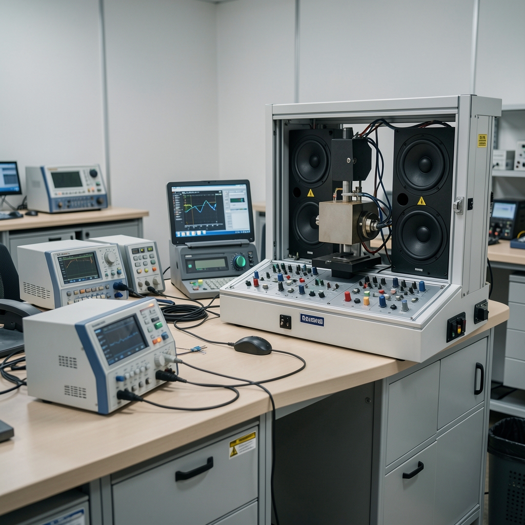Ses ekipmanları test ortamı, teknik ölçüm cihazları ve hoparlör test istasyonu