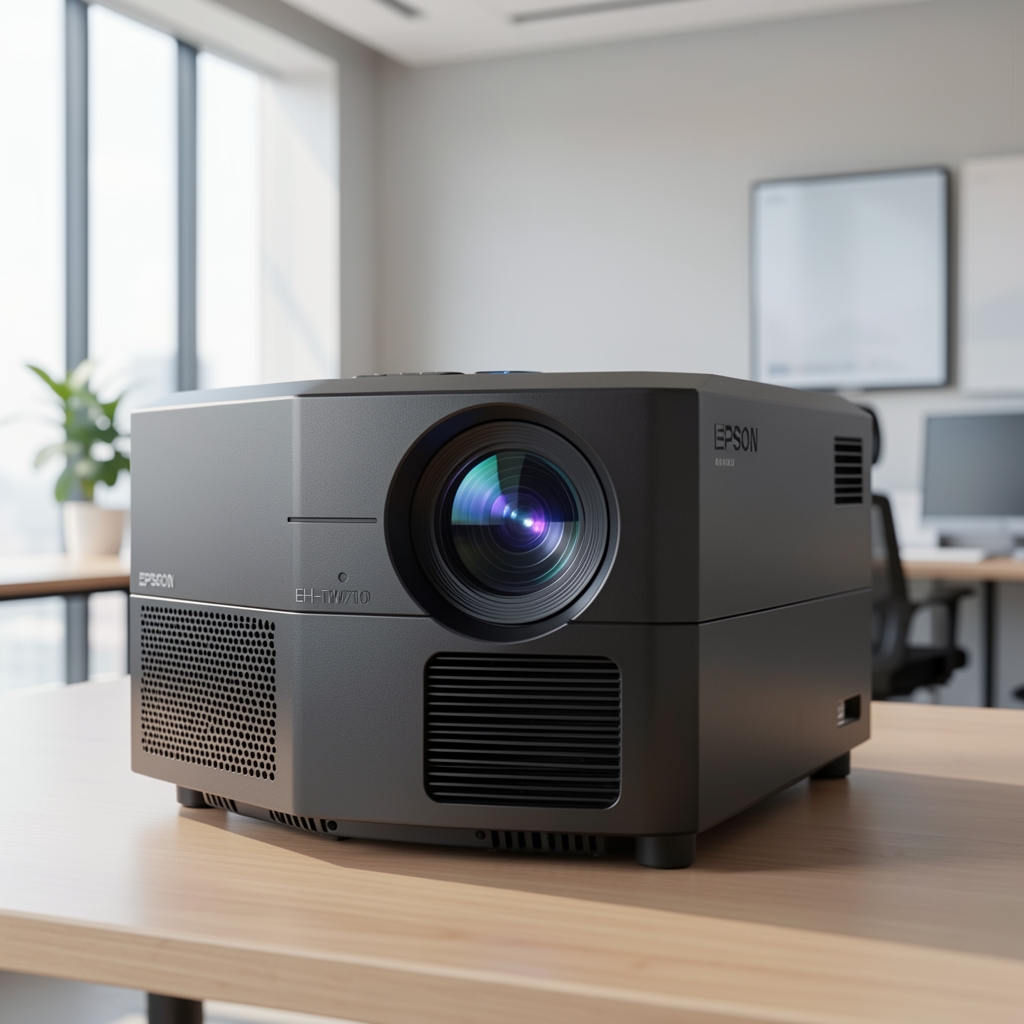Epson EH-TW7100 4K UHD lazer projektör büyük kasa ve ön lens görünümü